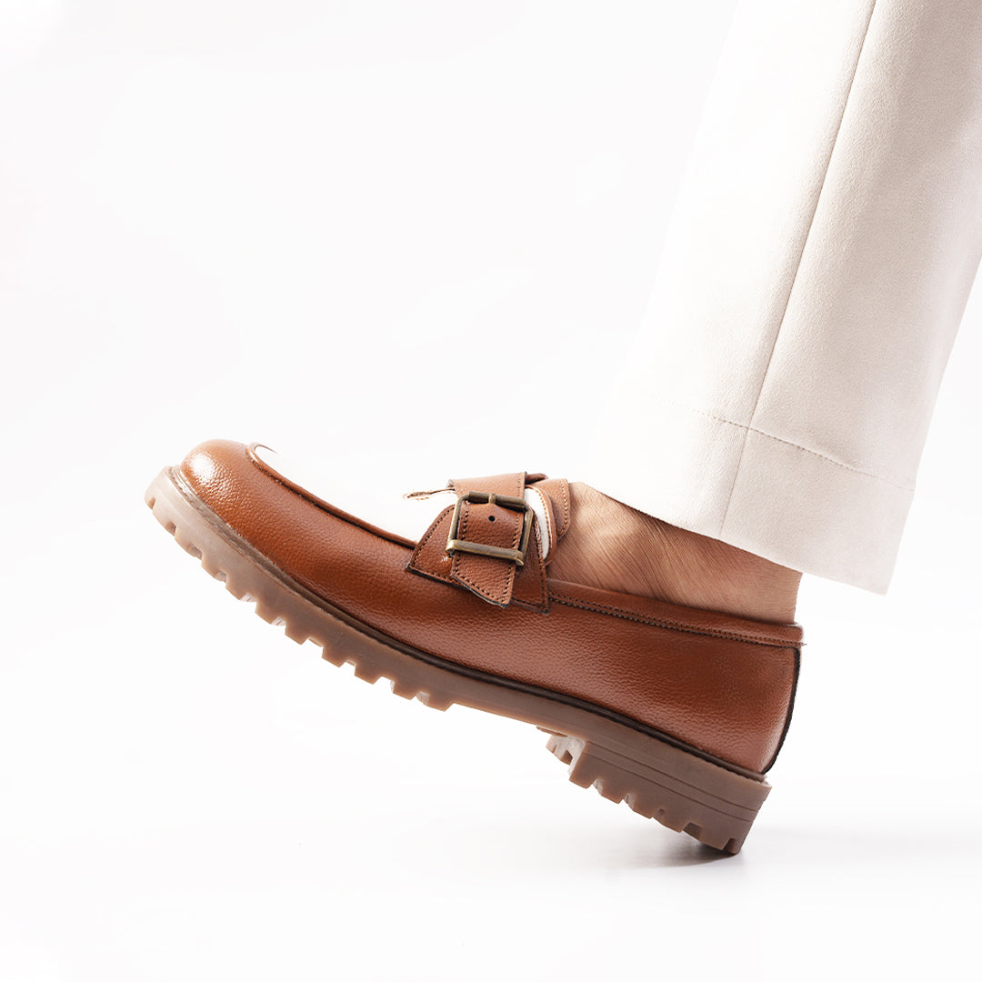 Monkstory Cosmopolitan Buckled Loafers  - Tan/White