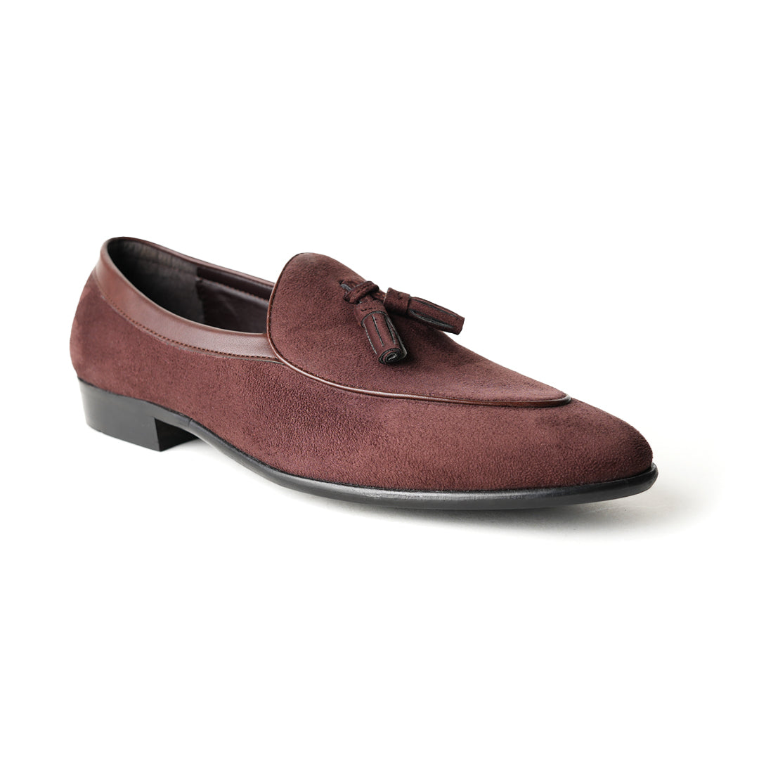 Monkstory Tassel Slip-Ons - Brown, an eco-conscious burgundy suede loafer with tassels made from vegan leather.