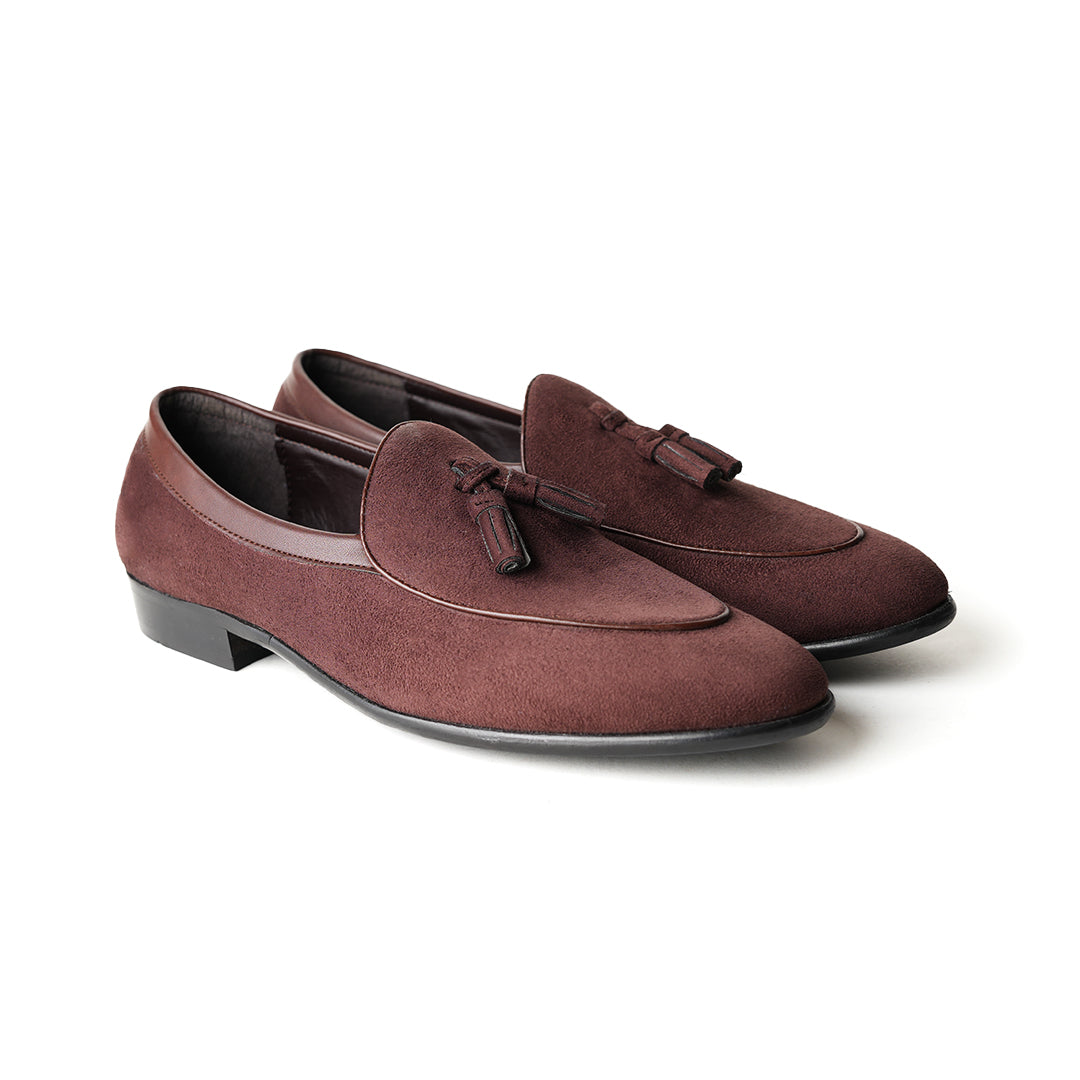 Monkstory Tassel Slip-Ons - Brown, an eco-conscious burgundy suede loafer with tassels made from vegan leather.