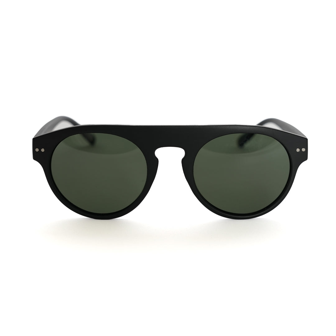 Monkstory's Bold Aviator Unisex Sunglasses in black with UV400 protection and green lenses.