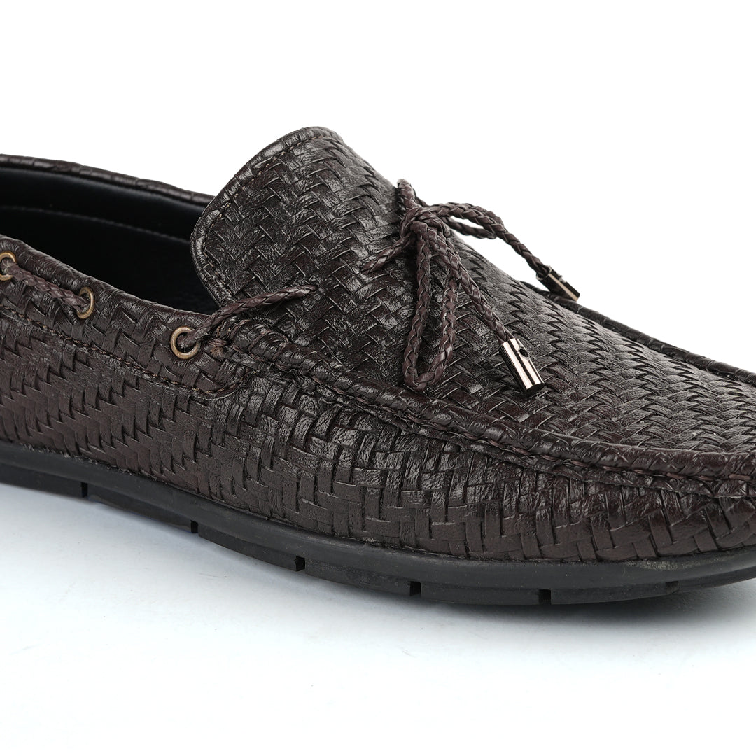 Monkstory men's brown woven loafer with tassels.