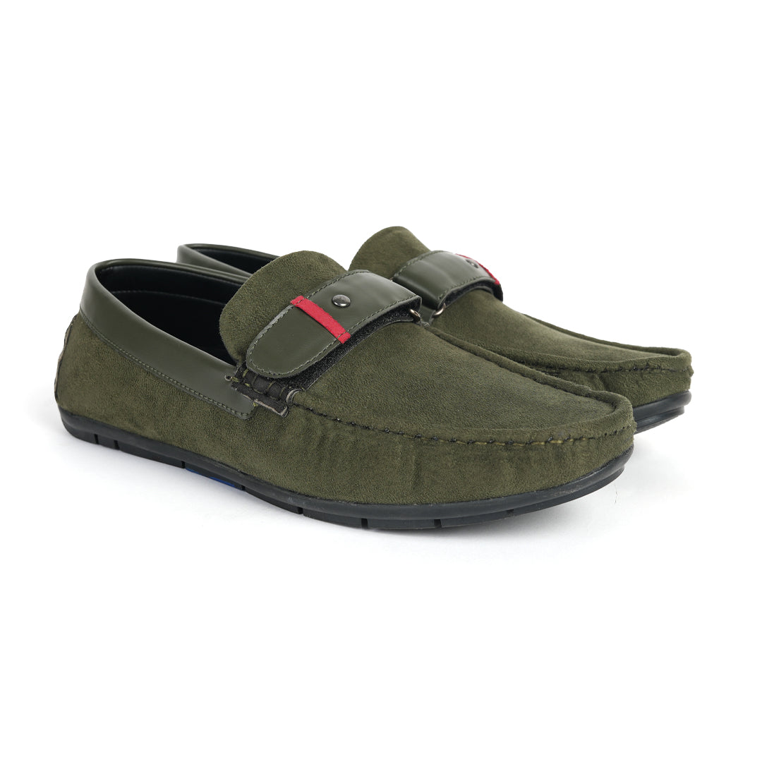 Elevate your style with these comfortable Monkstory olive green driving shoes. Crafted from luxurious suede, these men's loafers feature a striking red buckle for added flair. Perfect for any occasion.
