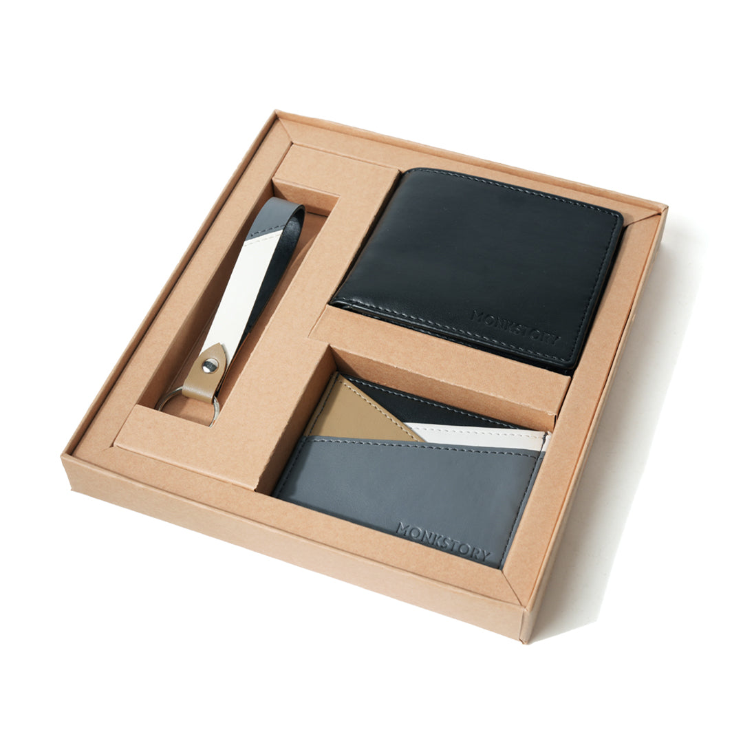 The Monkstory Signature Gift Box - Grey is the epitome of stylish gifting. This handcrafted accessories set includes a wallet, key ring, and key fob. Perfect for any occasion.