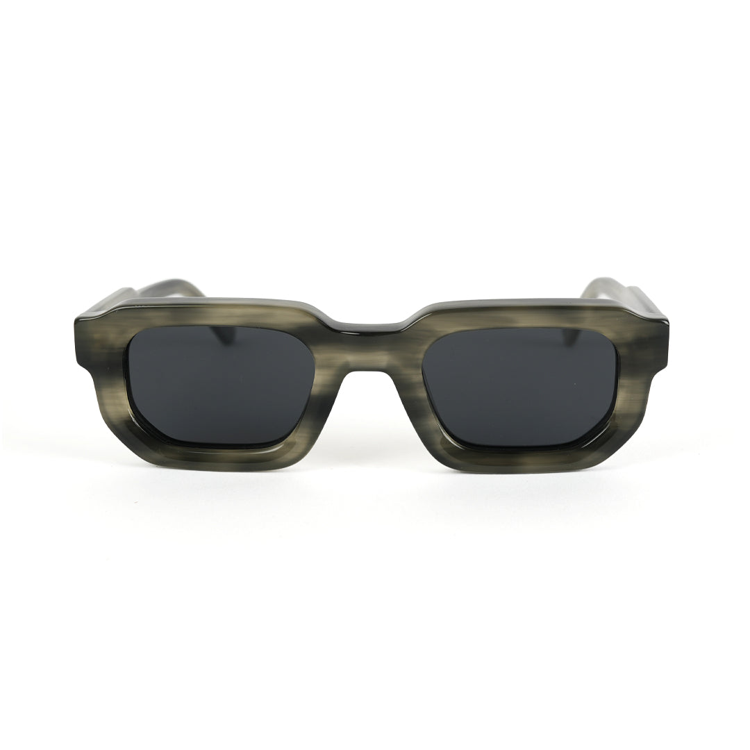 Monkstory sunglasses with a Marbleous Olive Grey frame and black lenses.