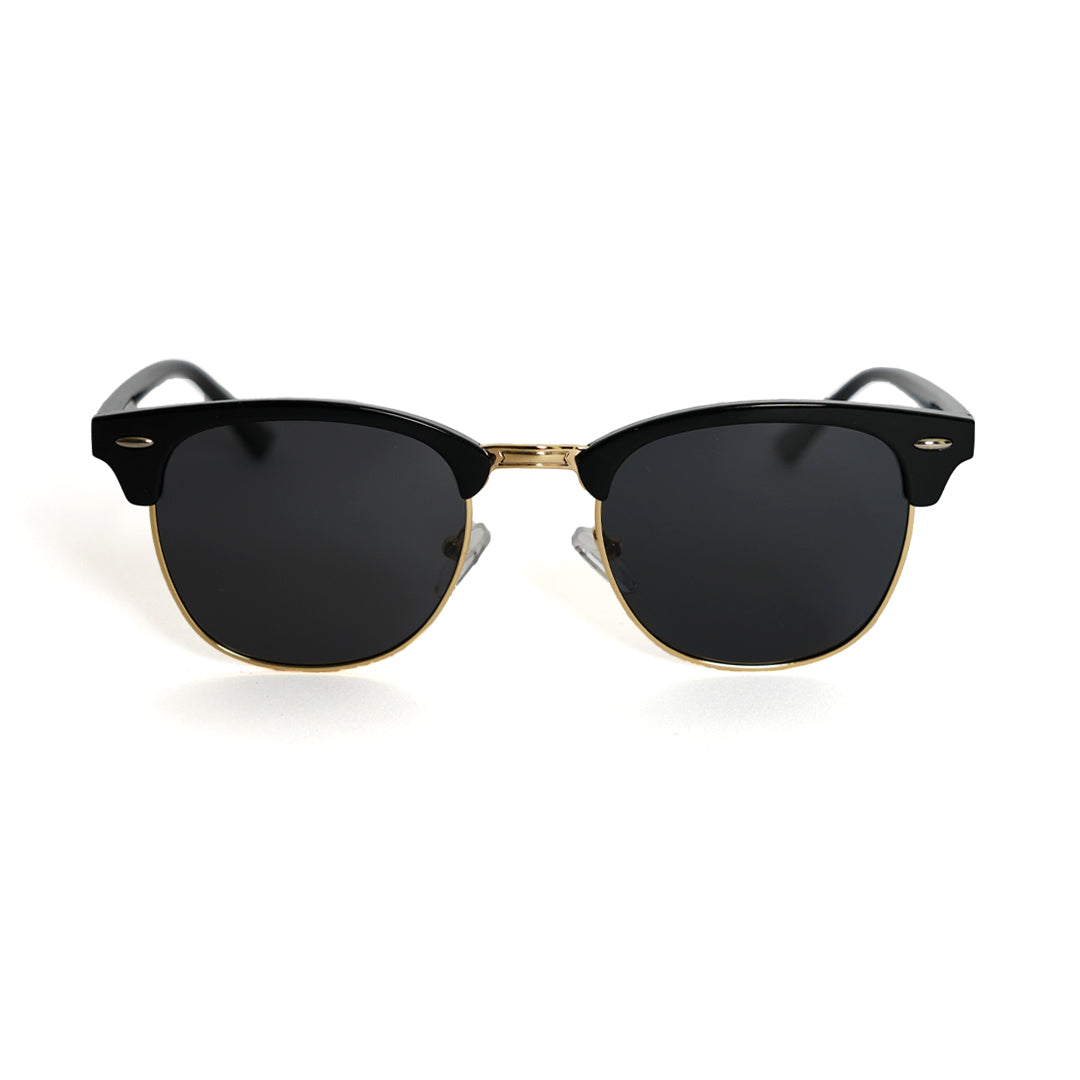 A stylish pair of Monkstory Urban Unisex Wayfarer Sunglasses in black and gold, featuring a UV400 rating, showcased on a white background.