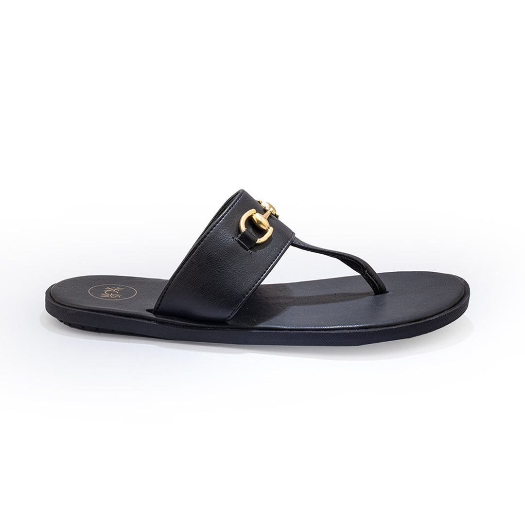 A pair of Monkstory T-Rad Horsebit Sandals in black leather with a gold buckle.