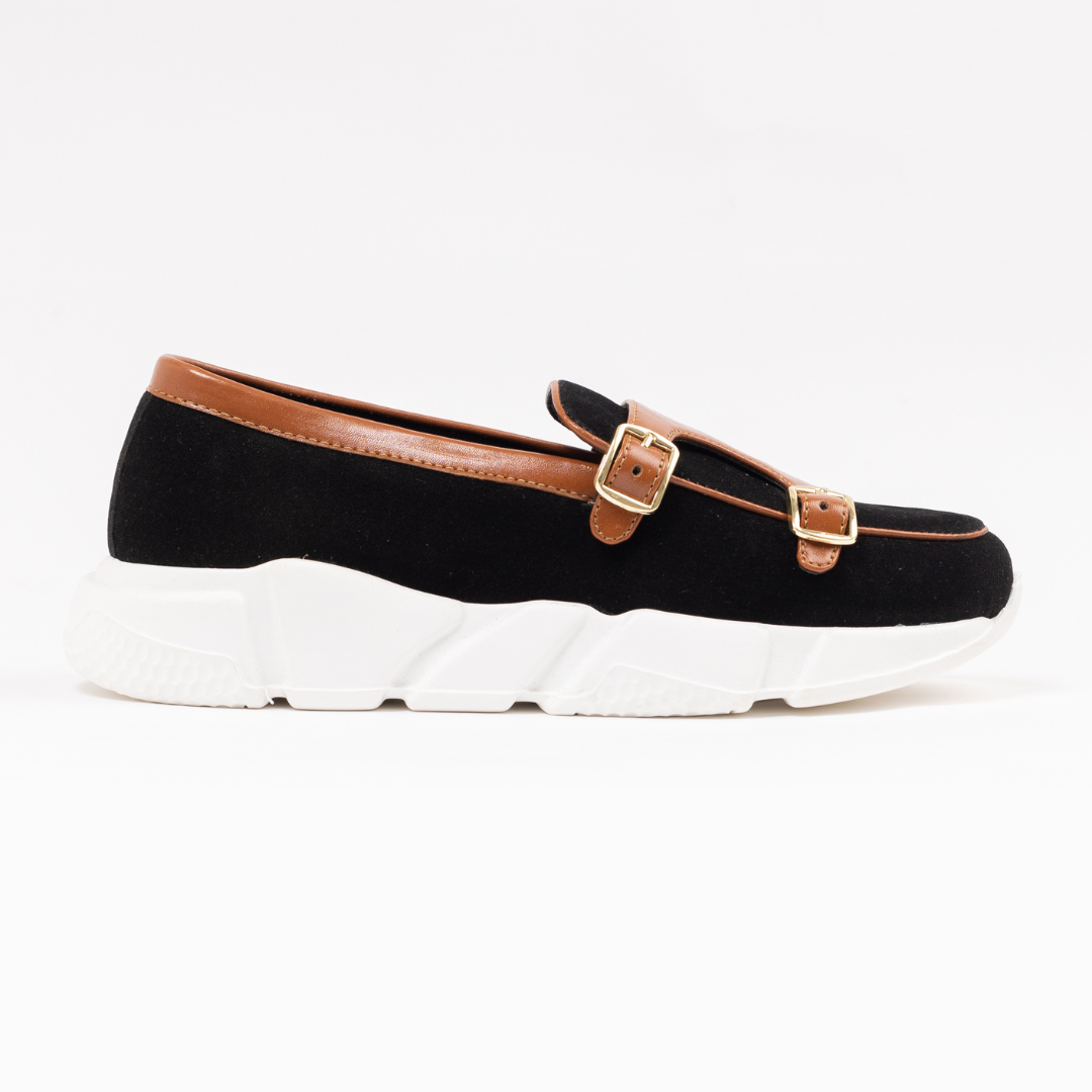 A monkstory Chunky Double Monk Sneaker in black and tan.