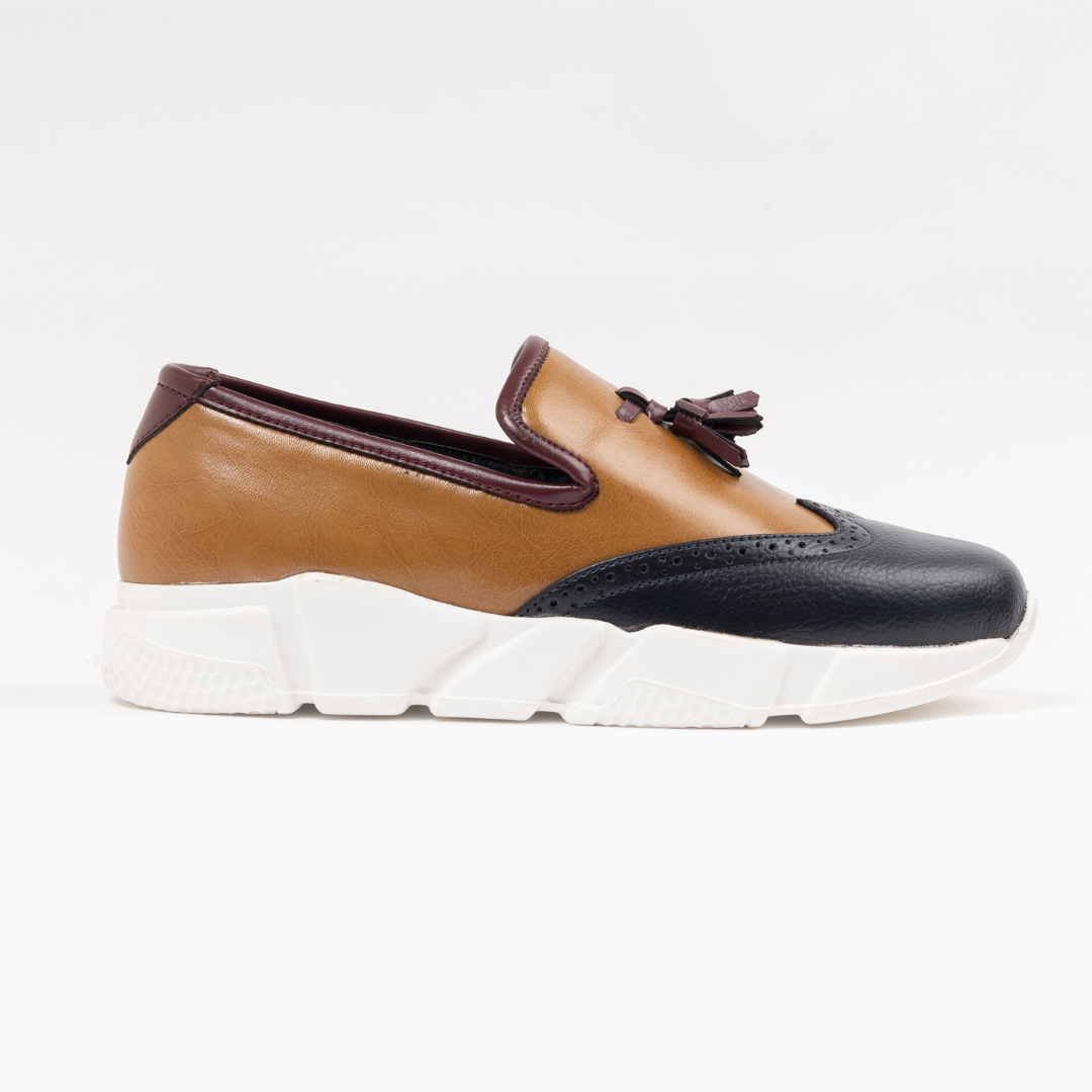 A stylish pair of Chunky TriColour Tassel Sneakers by monkstory in Burgundy/Black/Tan.