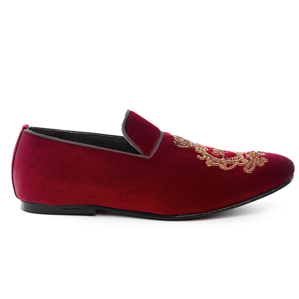 A men's burgundy Opulenza Motif Embroidered Slip-on with hand-embroidered faade adornments by monkstory.