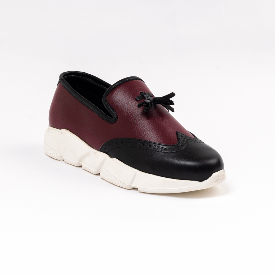 A stylish Chunky Dual Colour Tassel Sneakers in Burgundy/Black loafer by monkstory.