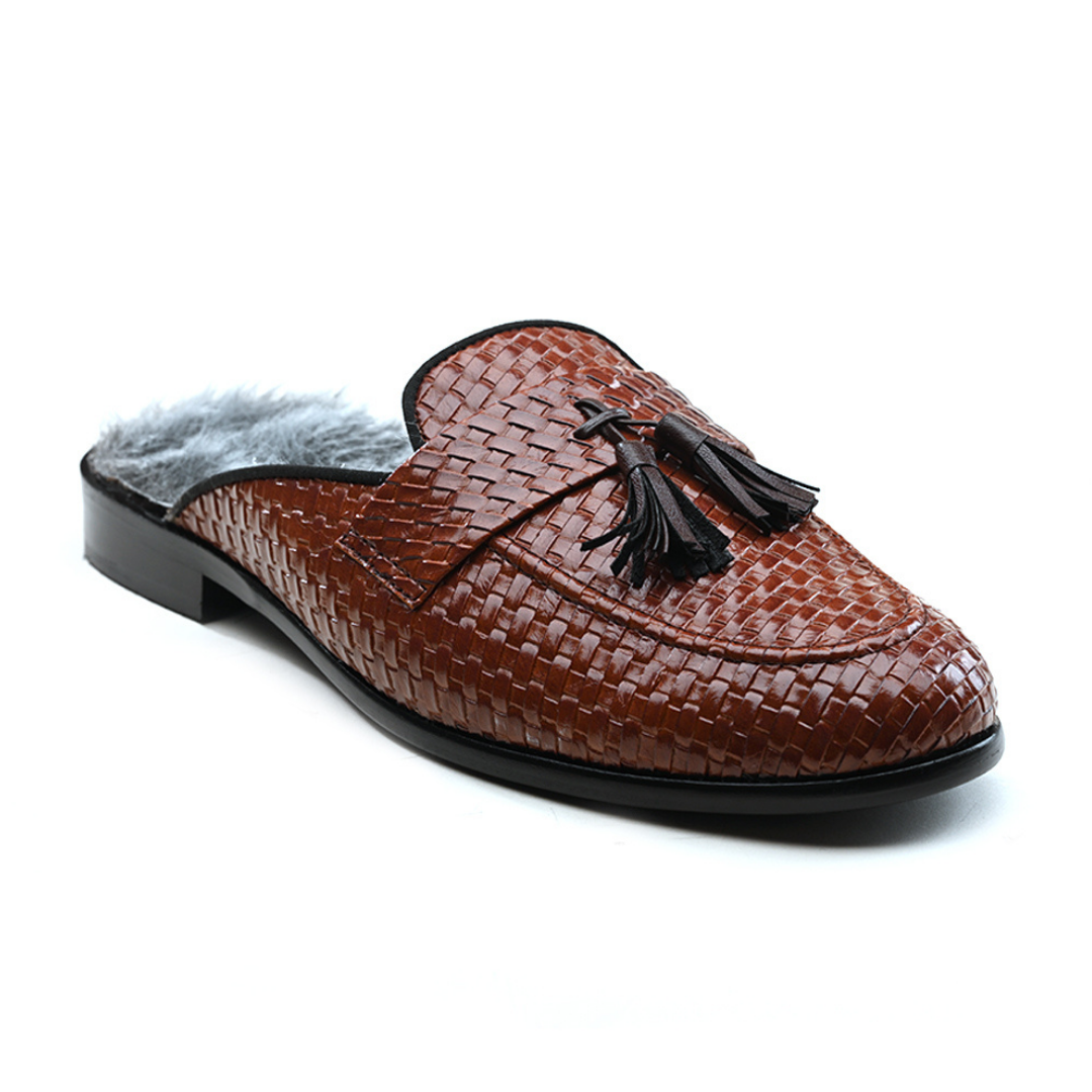 A monkstory men's high-class brown woven slipper with tassels and Luxious Mule Shoes Tan faux-fur insoles.