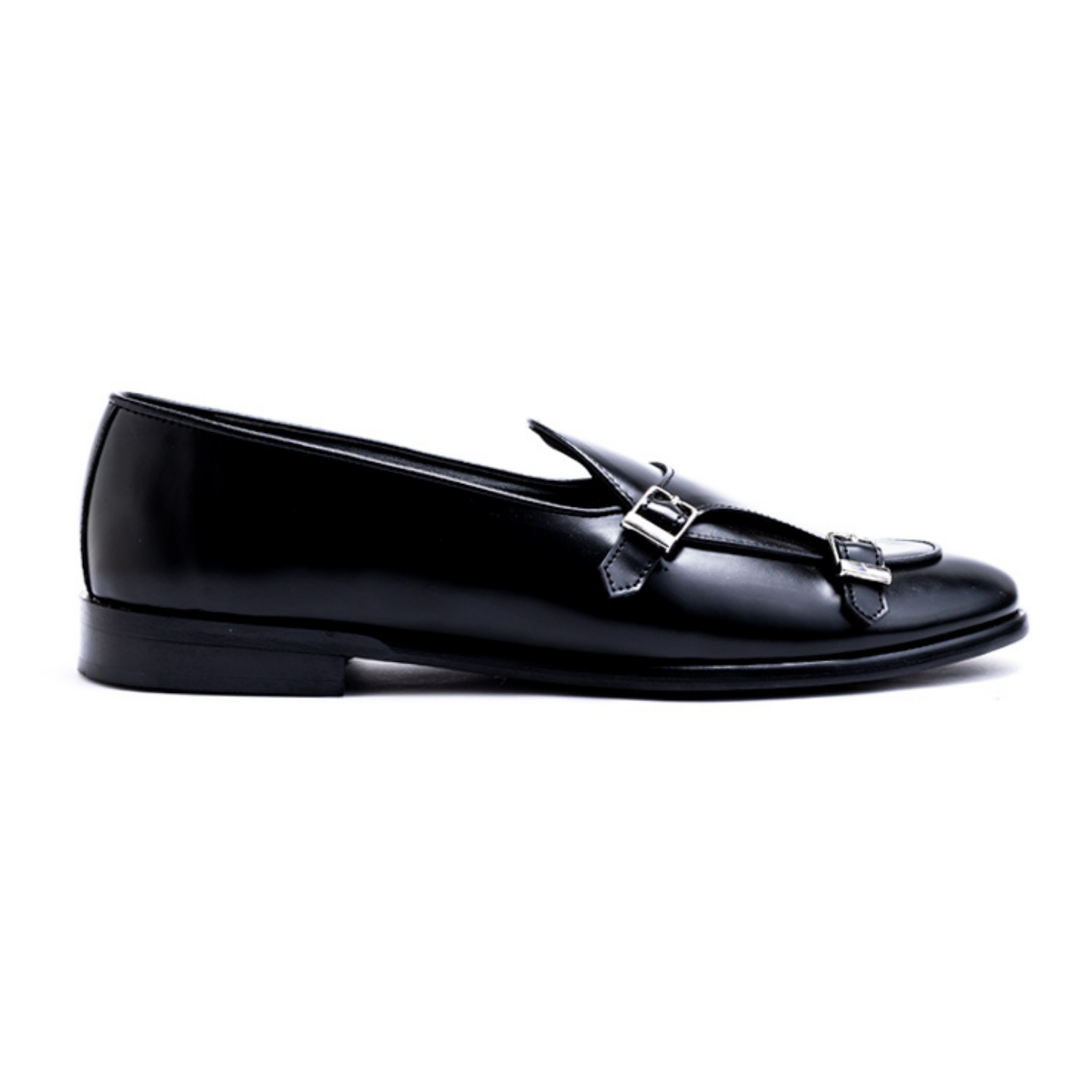 A black vegan leather loafer with metal buckles, perfect for those who love Monkstory - Luxious 2.0 Classic Double Monk Slip Ons.