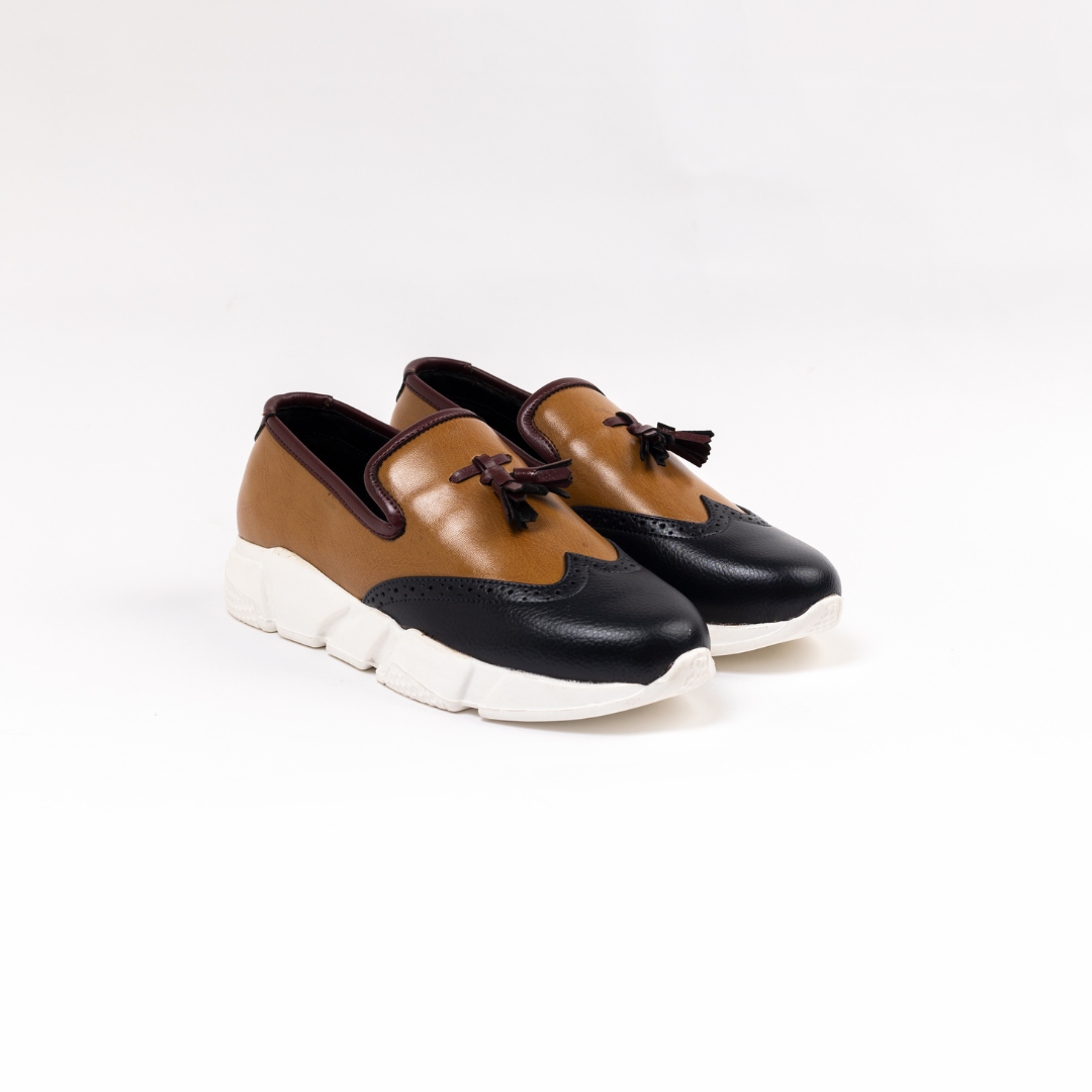 A stylish pair of Chunky TriColour Tassel Sneakers by monkstory in Burgundy/Black/Tan.