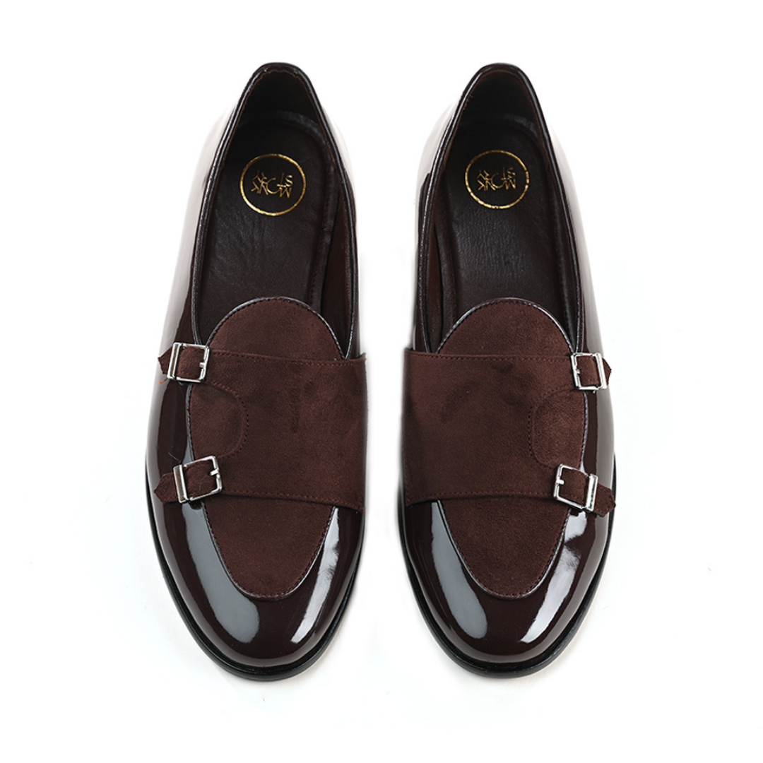 A formal men's brown leather shoe with two buckles, Luxious Patent Double Monk Slip Ons - Brown by Monkstory.