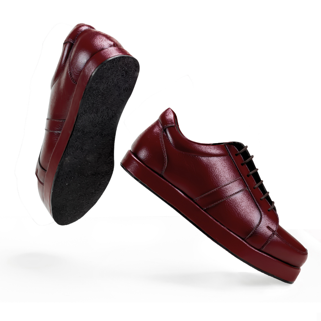 A men's Offbeat Lace vegan leather sneaker in burgundy showcased on a white background, The Red Knight by monkstory.