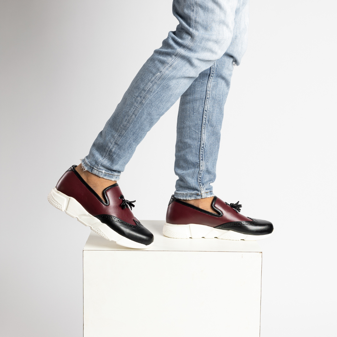 A stylish Chunky Dual Colour Tassel Sneakers in Burgundy/Black loafer by monkstory.
