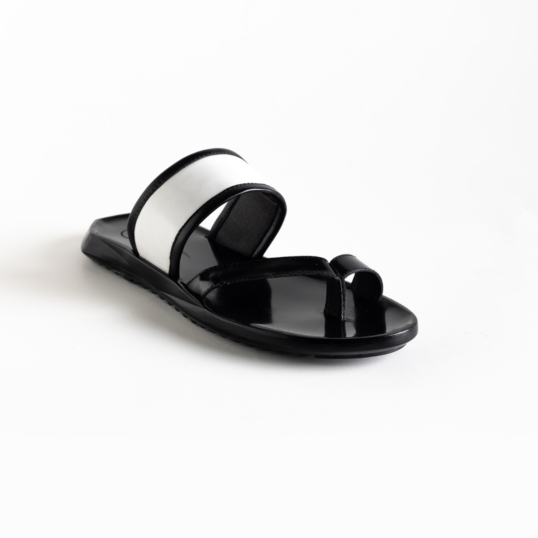 Hex Minimal Sandals - White/Black by Monkstory on a white background made from rubberised PU leather.