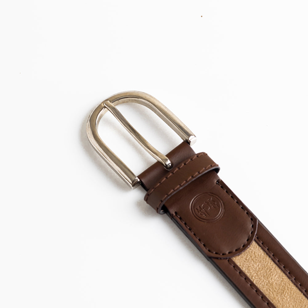 A vegan alternative belt with a silver buckle, the MonkStory Dual Color Classic Mens Belt - Brown / Beige from MONKSTORY has a positive impact.