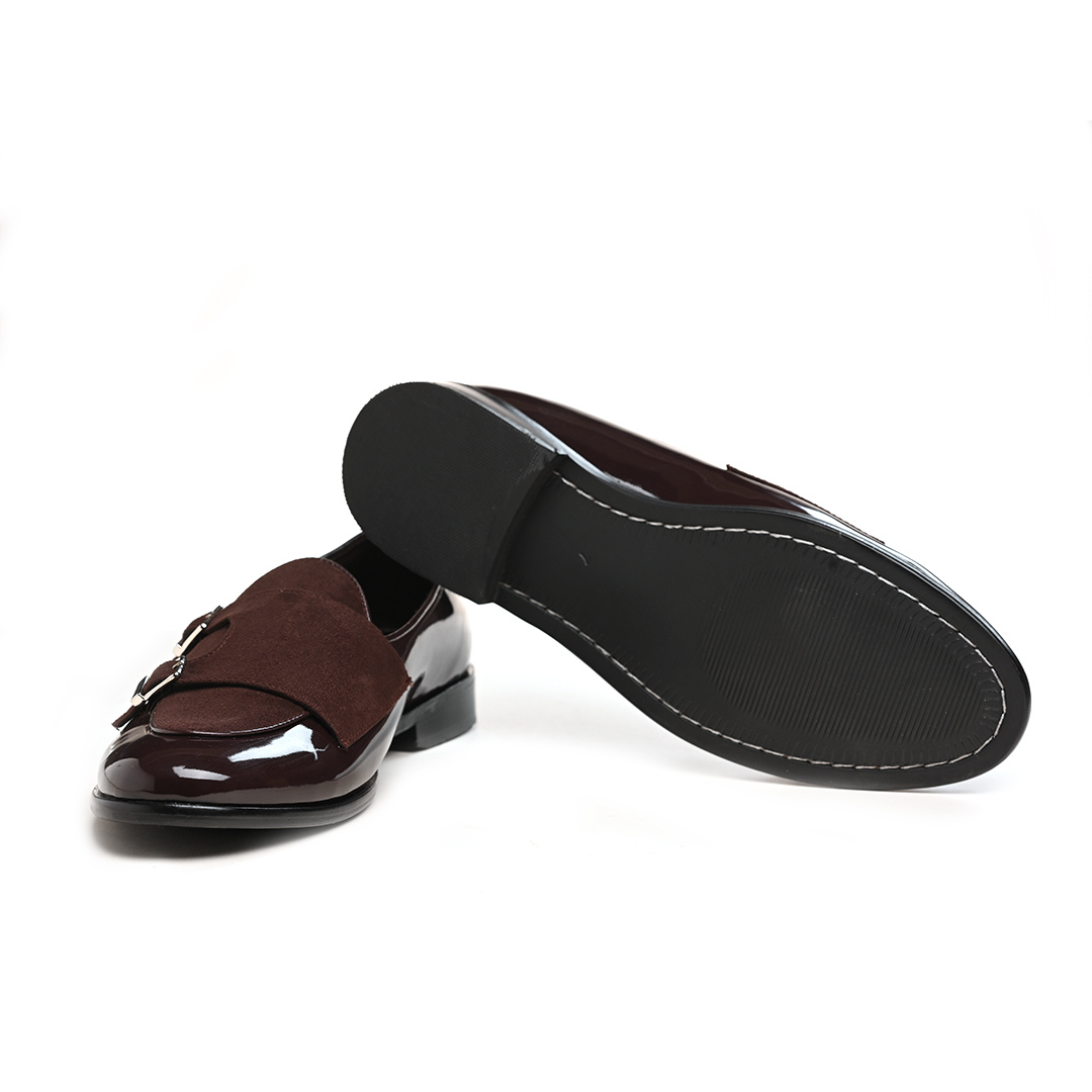 A formal men's brown leather shoe with two buckles, Luxious Patent Double Monk Slip Ons - Brown by Monkstory.