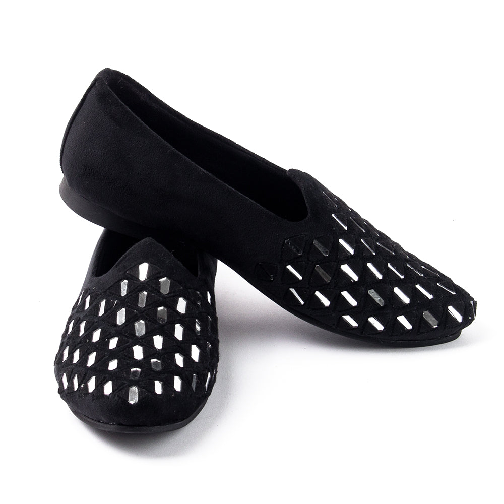 A stylish black Mirror Mojari slip on shoe with studs on the side, providing both comfort and style by Monkstory.