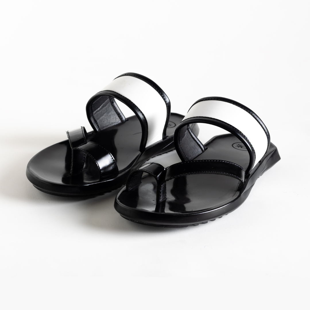 Hex Minimal Sandals - White/Black by Monkstory on a white background made from rubberised PU leather.