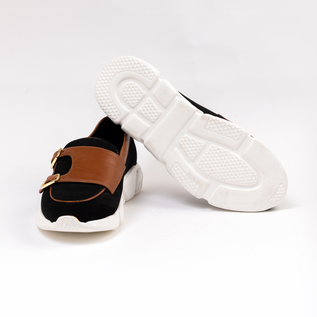 A monkstory Chunky Double Monk Sneaker in black and tan.