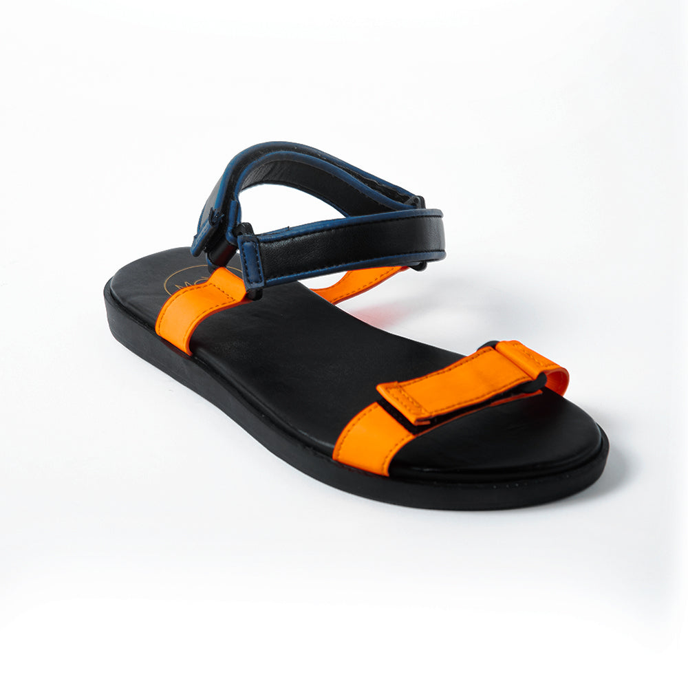 A pair of orange and black Drift Technical Sandals by Monkstory, featuring the perfect balance of streetwear style, showcased against a clean white background.