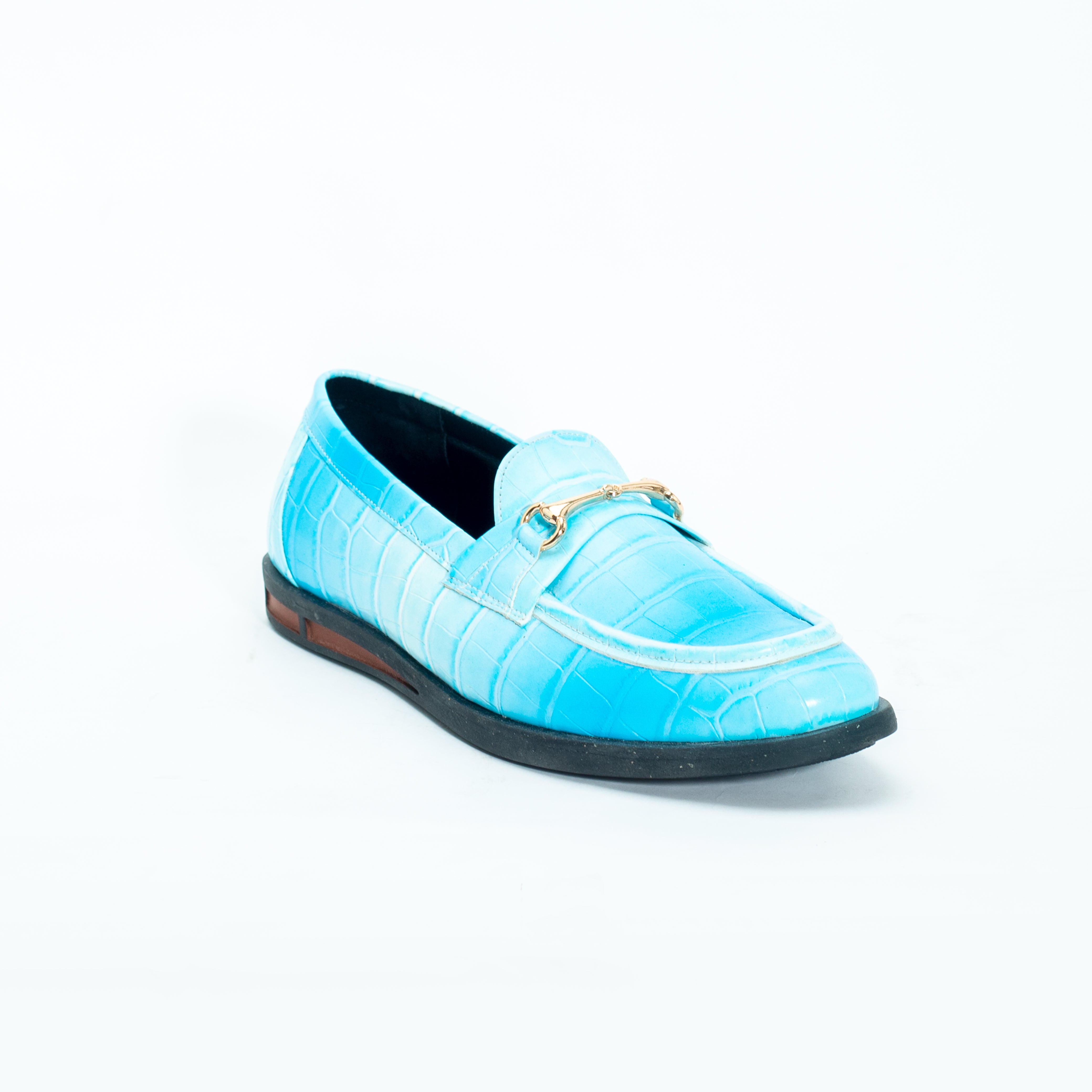 A pair of vibrant Monkstory brand Flatform Horsebit Slip Ons in powder blue crocodile skin, perfect for formal occasions.