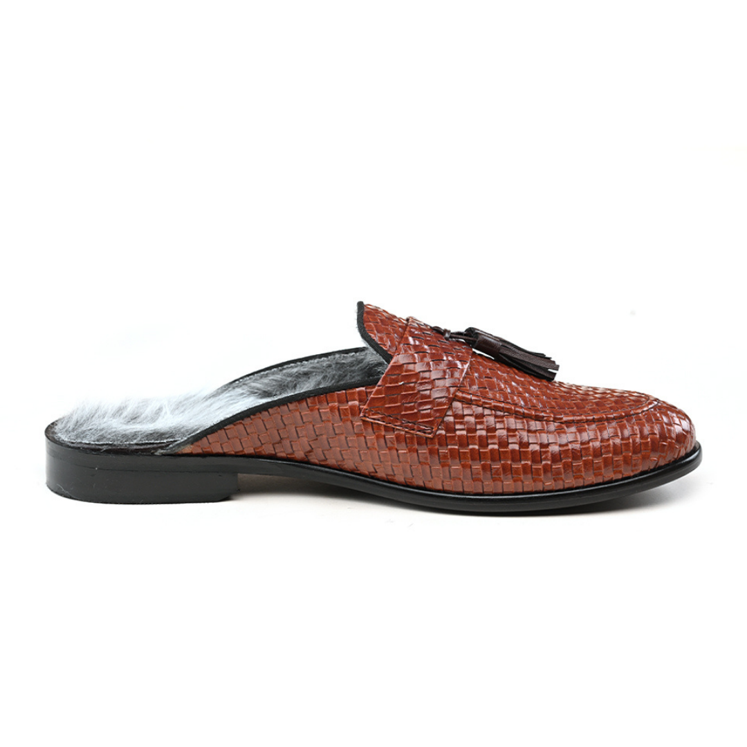 A monkstory men's high-class brown woven slipper with tassels and Luxious Mule Shoes Tan faux-fur insoles.