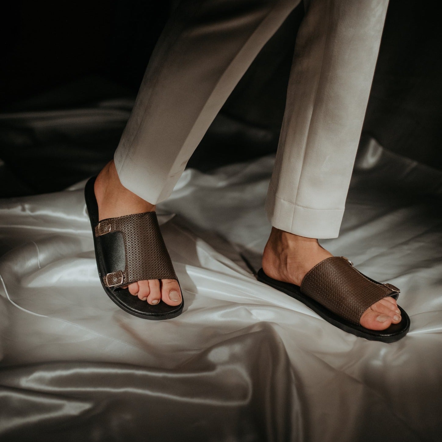 Brown patterned prints formal slippers with double strap suede on top