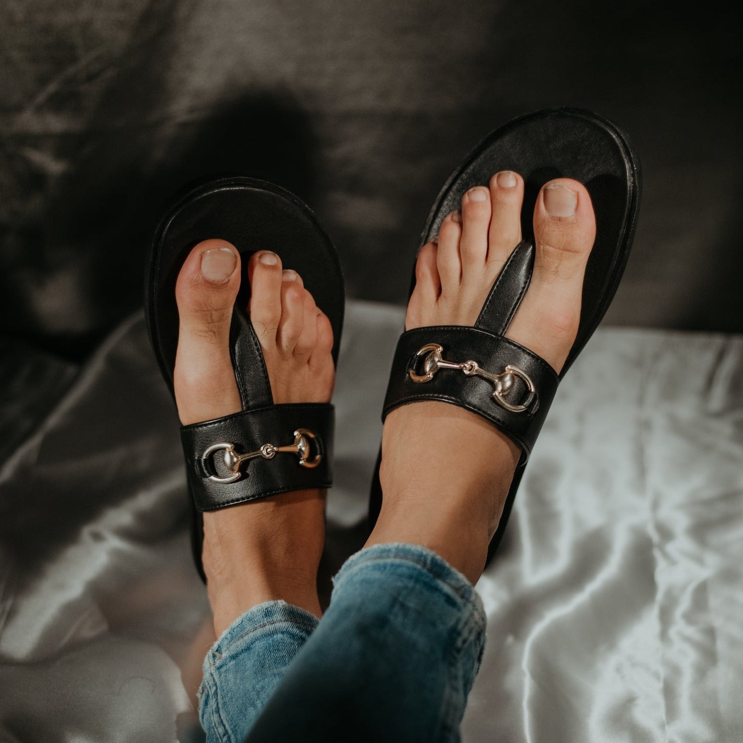 T-Strap Black Slide-in Slippers with Silver Metal Lion