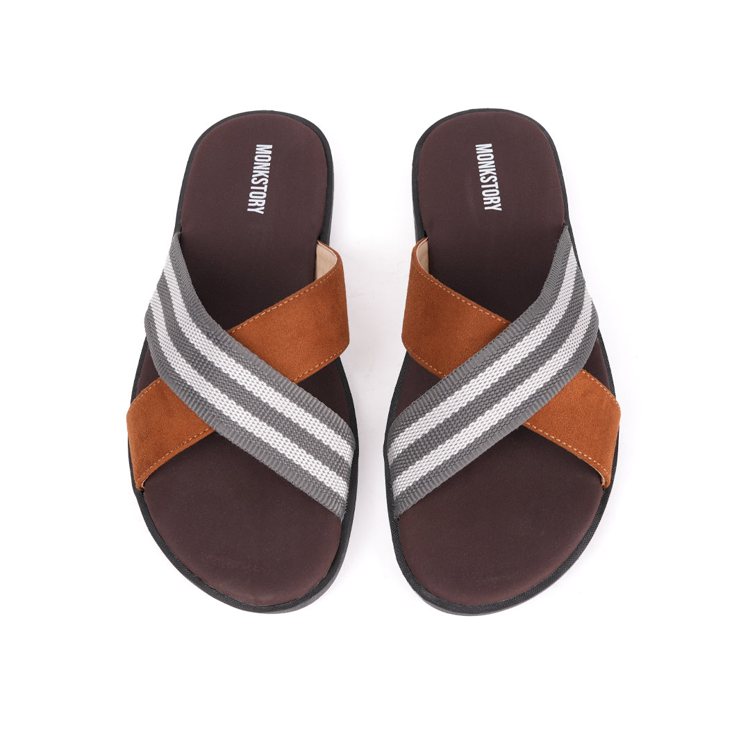 A pair of monkstory grey striped strap sandals in brown and tan.