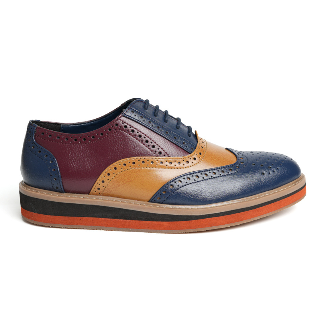 A fashion forward monkstory men's Beverly tricolour brogue in blue, red and orange.