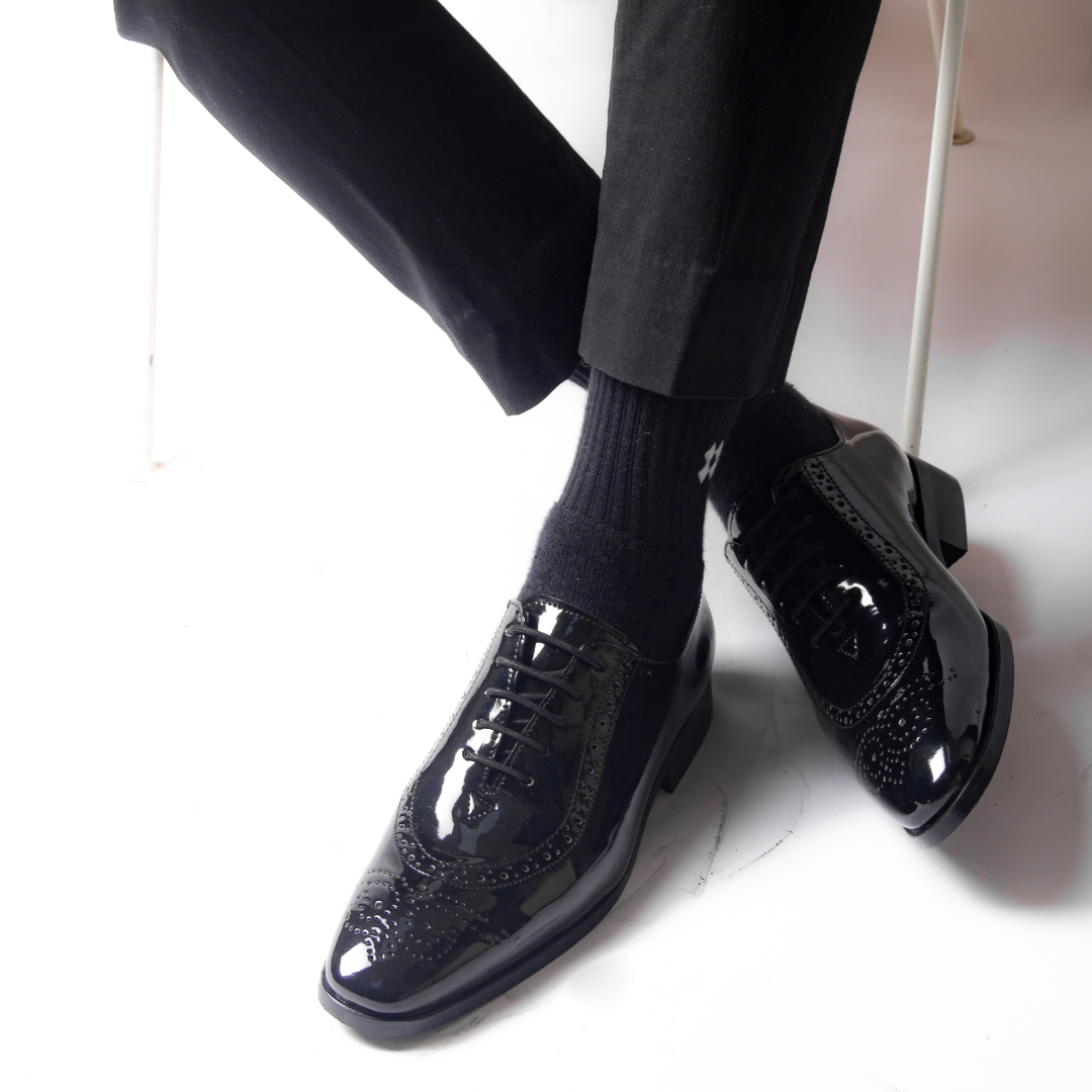 Monkstory Glossy Classic Patent Oxford Lace-Ups - Black shoes with rubberised soles.