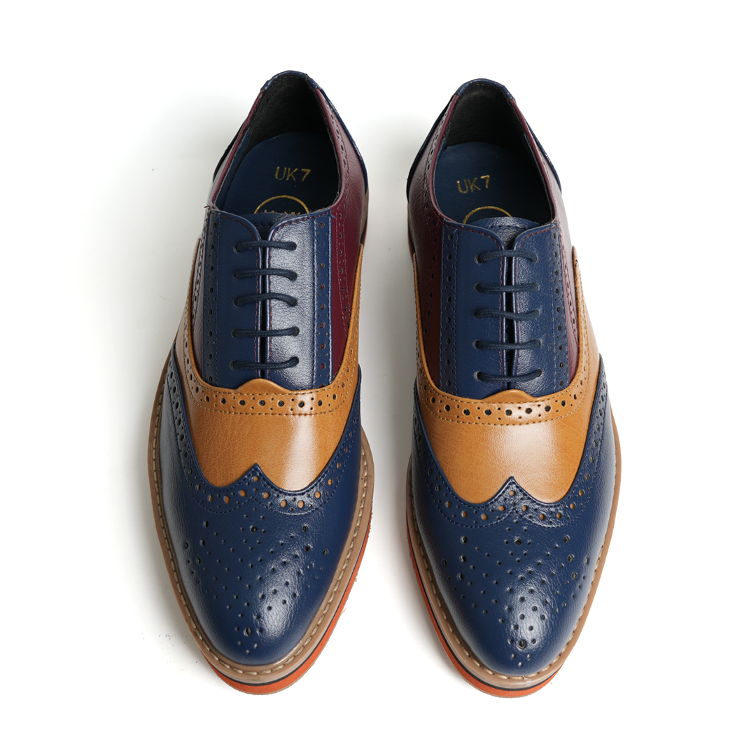 A fashion forward monkstory men's Beverly tricolour brogue in blue, red and orange.