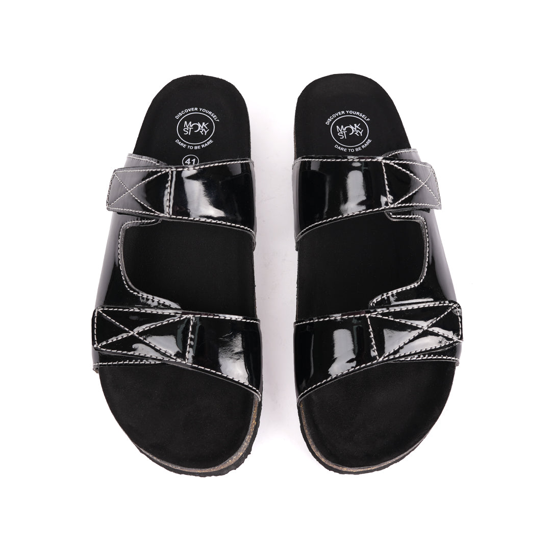 Monkstory Cork Dual-Straps Sandals - Glossy black