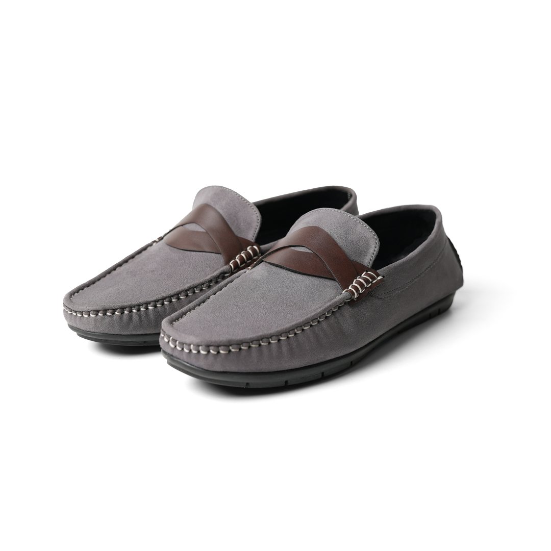 A pair of comfortable grey Stilo Driving Shoes with brown detailing, perfect for driving. Brand: MONKSTORY