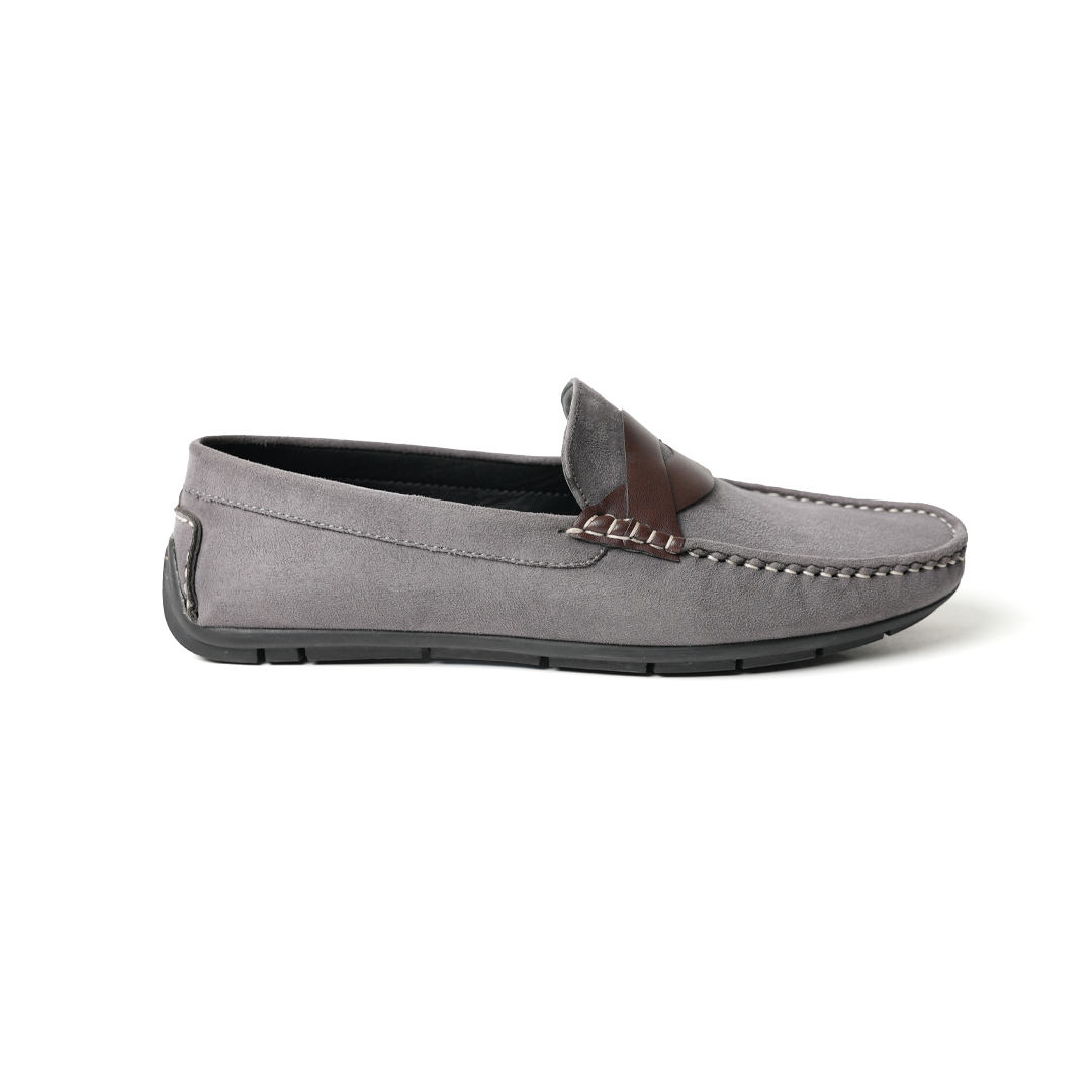 A pair of comfortable grey Stilo Driving Shoes with brown detailing, perfect for driving. Brand: MONKSTORY