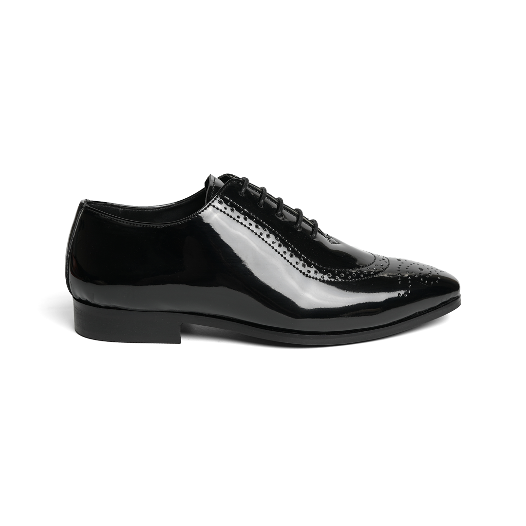 Monkstory Glossy Classic Patent Oxford Lace-Ups - Black shoes with rubberised soles.