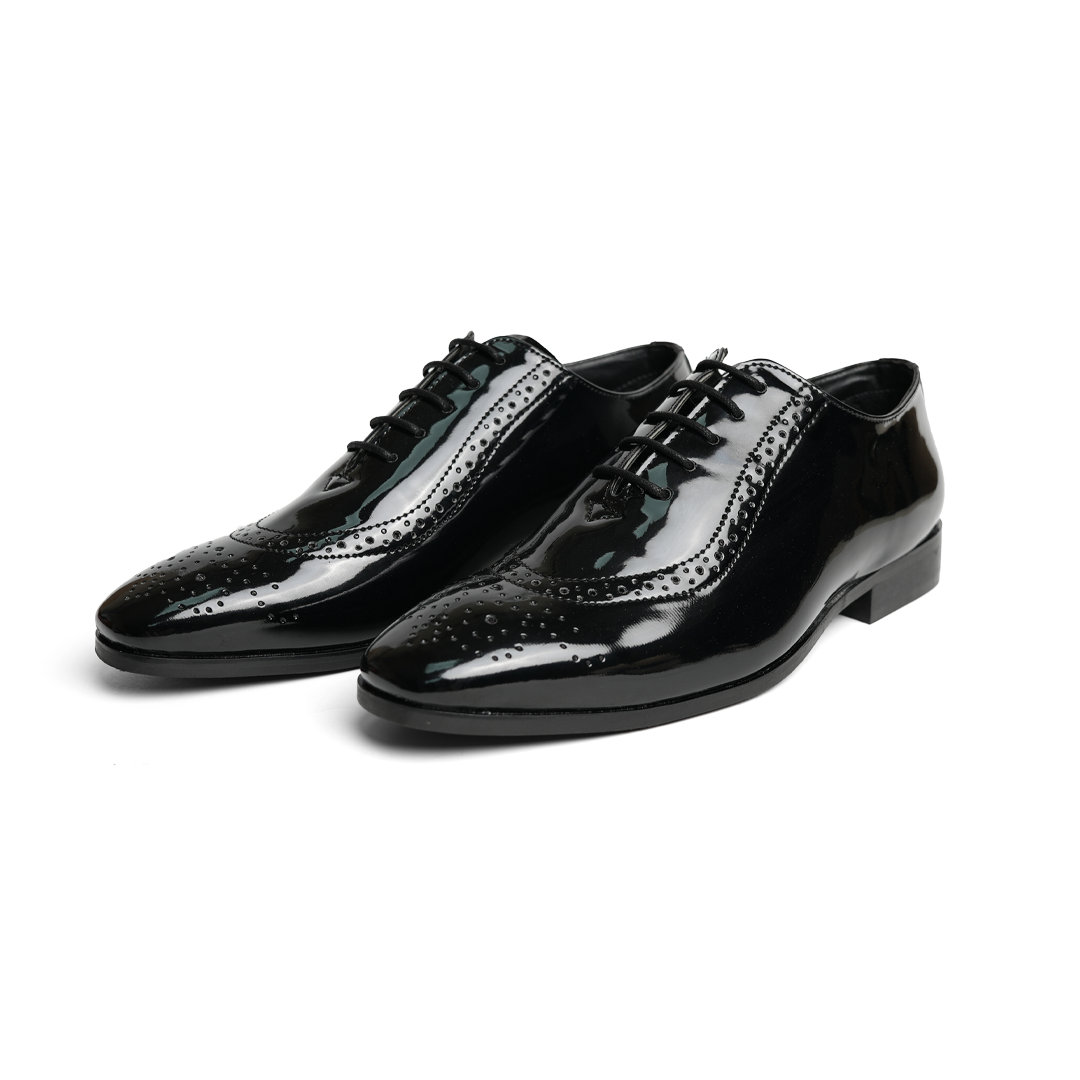 Monkstory Glossy Classic Patent Oxford Lace-Ups - Black shoes with rubberised soles.