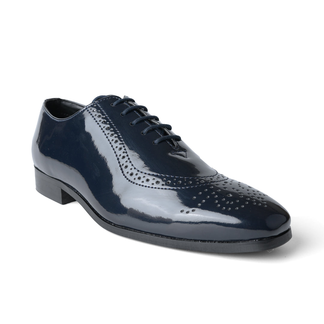 Monkstory's Glossy Classic Patent Oxford Lace-Ups - Blue are sophisticated men's wingtip shoes with rubberised soles.