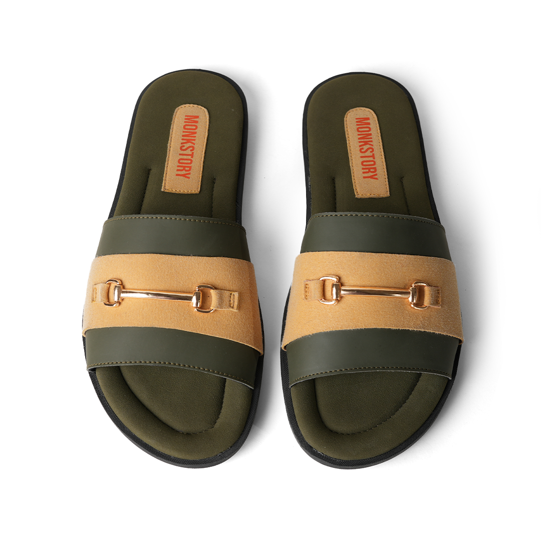 Stylish Horsebit slides in vibrant olive green and tan, Monkstory.